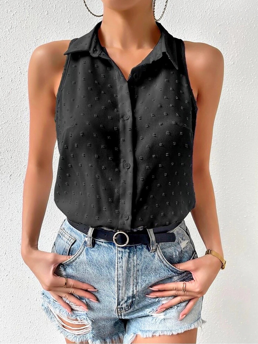 Clasi Lapel Collar Sleeveless Swiss Dot Bodysuit